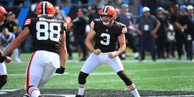 Former LSU PK Cade York celebrates his 58-yard game winning field vs. Carolina Sunday afternoon in his NFL debut.