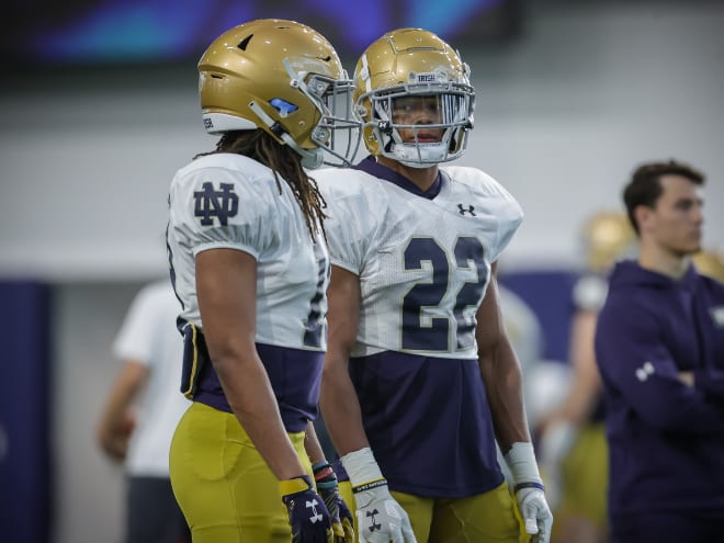 Notre Dame safety Justin Walters (22) and cornerback Chance Tucker watch during a spring football practice in March 2022.