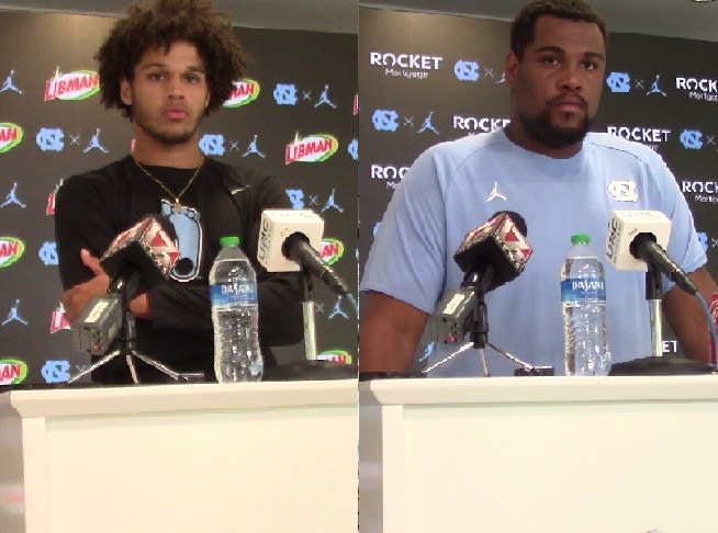 UNC tight end Bryson Nesbit and offensive lineman William Barnes were two of three offensive Heels available Tuesday.