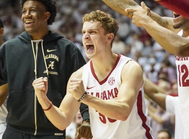 Alabama Crimson Tide guard Adam Cottrell (30) reacts after a play against the Arkansas Razorbacks during the first half at Coleman Coliseum. Photo | Marvin Gentry-USA TODAY Sports