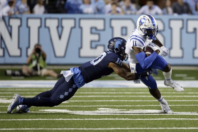 Former Duke receiver Scott Bracey (11), who committed to James Madison on Wednesday, catches a pass during a game against North Carolina in Chapel Hill, N.C., earlier this season.