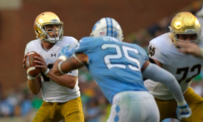 Notre Dame Fighting Irish quarterback Ian Book versus North Carolina in 2017