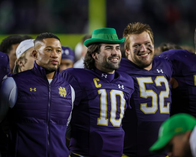 ND quarterback Sam Hartman (10) is all smiles after Notre Dame amassed a season-high 380 passing yards Saturday against Pittsburgh.