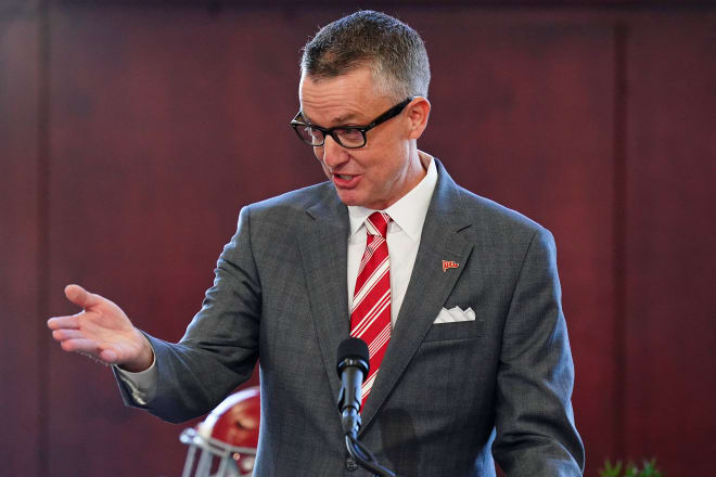 University of Alabama athletic director Greg Byrne speaks during a press conference to introduce their new head football coach Kalen DeBoer (not pictured) in the North end zone at Bryant-Denny Stadium. Photo | John David Mercer-USA TODAY Sports.