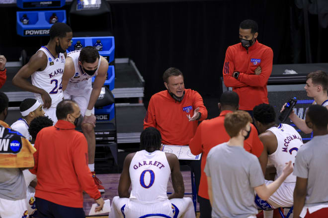 Kansas coach Bill Self instructs his team during a first-round come-from-behind win over Eastern Washington on Saturday.