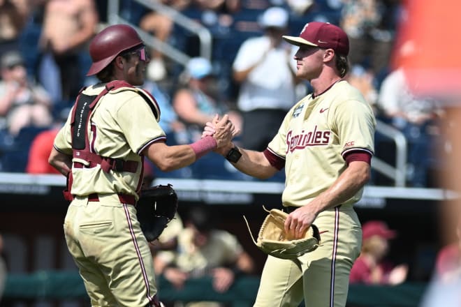 Brennen Oxford celebrates the final out of FSU's win on Sunday.