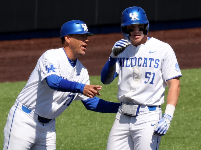 Kentucky head coach Nick Mingione and Wildcats centerfielder Jackson Gray. 