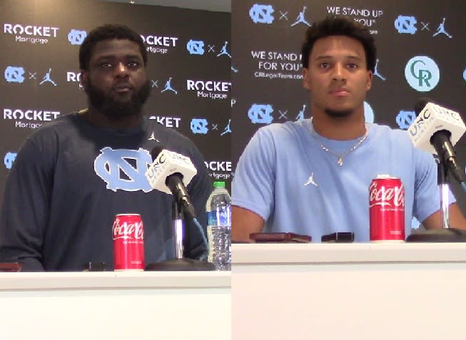 UNC offensive guard Ed Montilus and running back Caleb Hood field questions as the Tar Heels prepare for Miami.