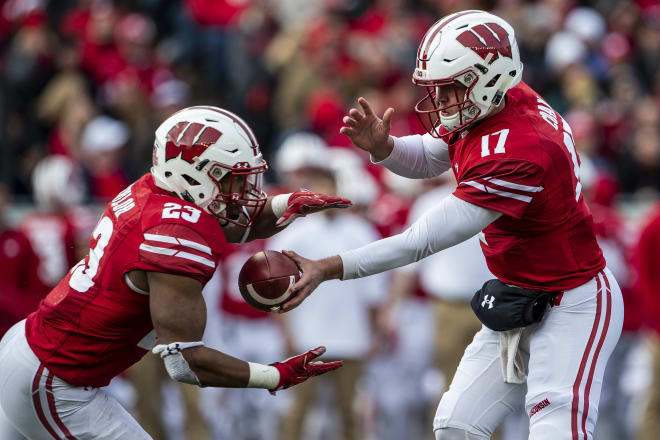 Notre Dame Fighting Irish football quarterback Jack Coan and Indianapolis Colts running back Jonathan Taylor during their time at Wisconsin