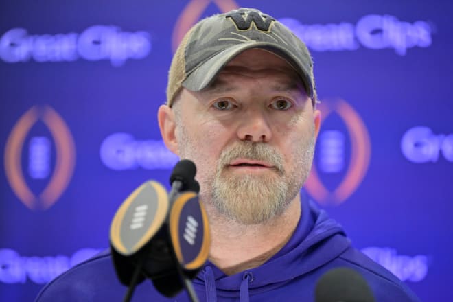 Washington Huskies offensive coordinator Ryan Grubb talks to the media during media day before the College Football Playoff national championship game against the Michigan Wolverines at George R Brown Convention Center. | Photo: Maria Lysaker-USA TODAY Sports