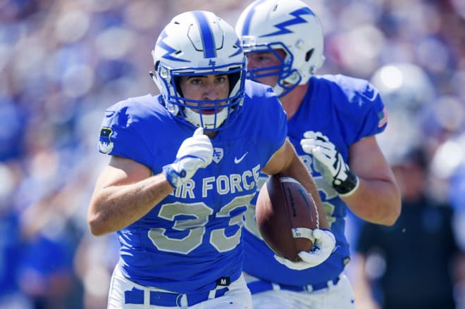 Air Force running back Tim McVey runs for a touchdown against VMI during the Falcons' lone game this season, played on Sept. 2. 
