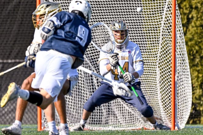 Notre Dame goalie Liam Entenmann (44) is one of five finalists for the 2024 Tewaaraton Award.
