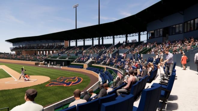 A view of the Hall of Fame Club seating, First Base Club and Plainsman Patio.