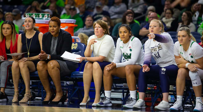 The current Notre Dame bench, from third to the right, Anaya Peoples (shoulder surgery), Abby Prohaska (pulmonary embolism) and former walk-on Kaitin Cole.