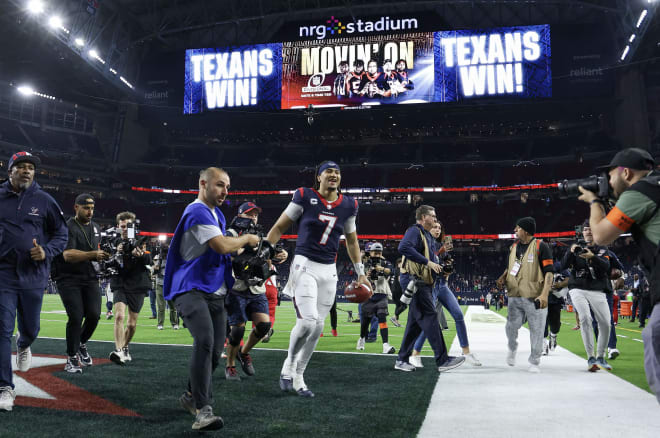 Houston Texans quarterback C.J. Stroud (7) jogs off the field after a 2024 AFC wild card game against the Cleveland Browns at NRG Stadium. Mandatory Credit: Troy Taormina-USA TODAY Sports