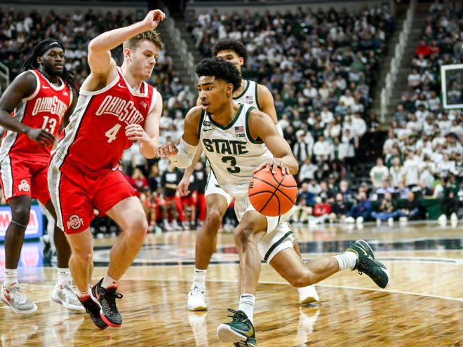 Michigan State's Jaden Akins dribbles against Ohio State's Sean McNeil 