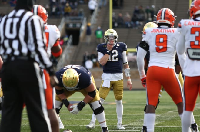 Notre Dame fifth-year senior quarterback Ian Book versus Syracuse on Dec. 5, 2020