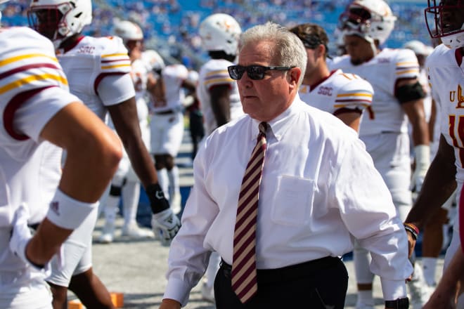 Louisiana Monroe Warhawks head coach Terry Bowden walks with his team before the game against Kentucky. Photo | Jordan Prather-USA TODAY Sports