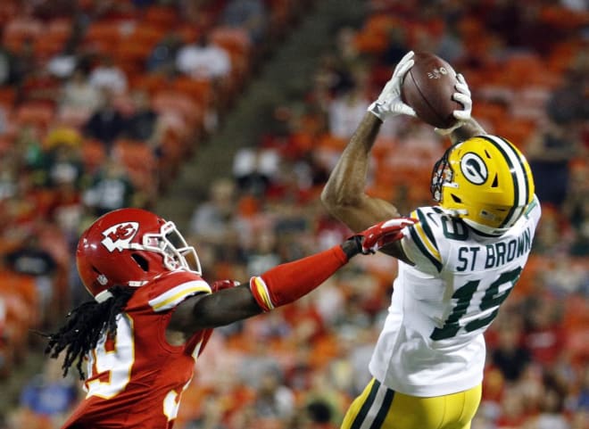Former Notre Dame wide receiver Equanimeous St. Brown has five catches this season for 81 yards with the Green Bay Packers.