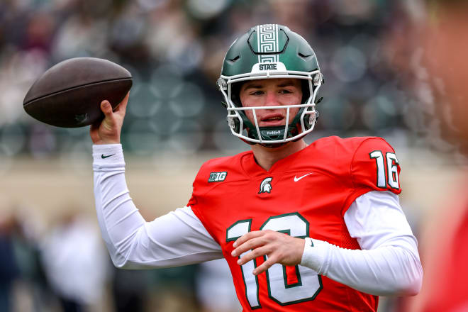 Action during the spring showcase football scrimmage at Spartan Stadium, on April 20, 2024. (Marvin Hall/Spartans Illustrated)