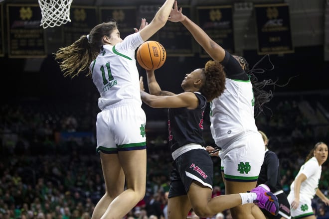 Southern Utah's Daylani Ballena (22) drives as Notre Dame's Sonia Citron (11) and Lauren Ebo (right) defend during ND's 82-56 rout Friday in a first-round NCAA Tourney game.