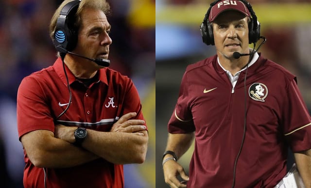 Nick Saban (left) has a career record at Alabama of 119-19 since 2007, Jimbo Fisher has a career record of 78-17 in 7-seasons at FSU.