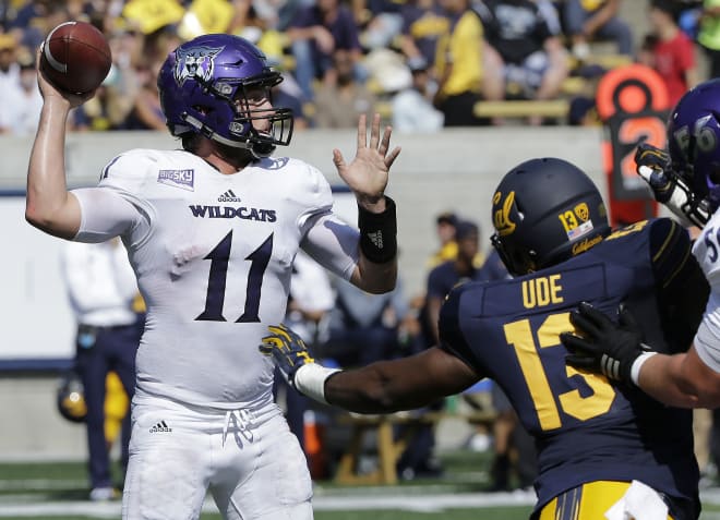 Weber State quarterback Stefan Cantwell throws a pass during the Wildcats' loss at California in September in Berkley, Calif.