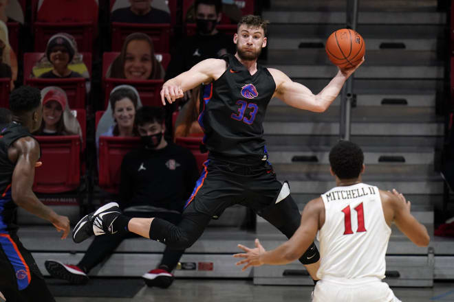 Boise State forward Mladen Armus (33) keeps the ball inbounds during the first half of an NCAA college basketball game against San Diego State, Thursday, Feb. 25, 2021, in San Diego.