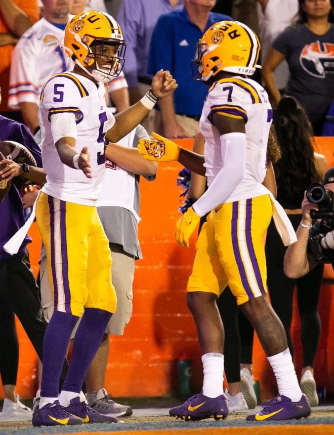 LSU QB Jayden Daniels (5) and WR Kayshon Boutte (7) finally established palpable chemistry in the Tigers' 45-35 win at Florida on Oct.9