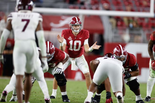 Alabama Crimson Tide quarterback Mac Jones prepares to take a snap against Mississippi State. Photo | Getty Images 