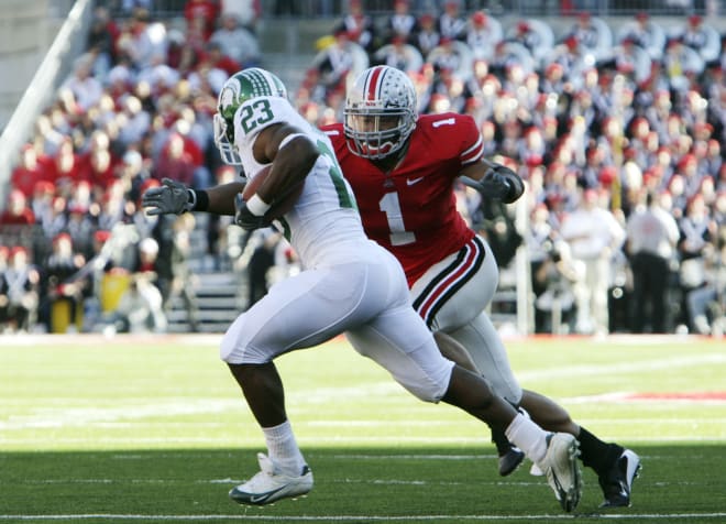 Notre Dame Fighting Irish football defensive coordinator Marcus Freeman during his time as a player at Ohio State