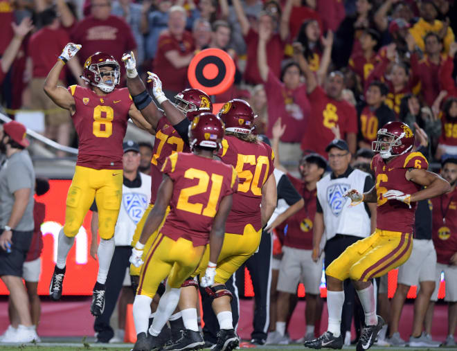 Freshman receiver Amon-Ra St. Brown (No. 8) has been a breakout star for the Trojans.