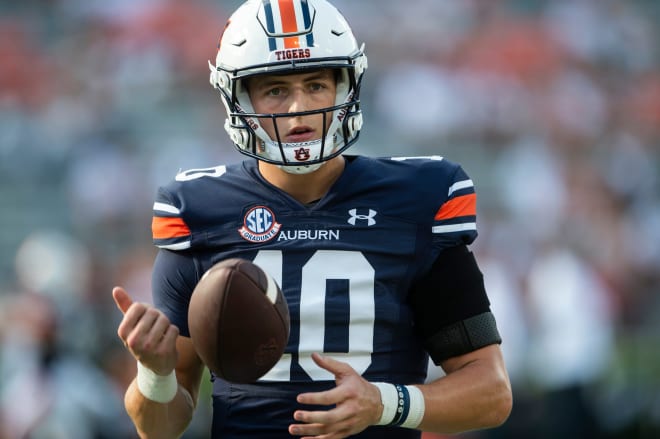 Auburn Tigers quarterback Zach Calzada (10) during warm ups before Auburn Tigers take on Mercer Bears at Jordan-Hare Stadium in Auburn, Ala., on Saturday, Sept. 3, 2022.