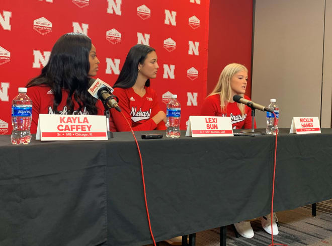 Nebraska volleyball players Kayla Caffey, Lexi Sun and Nicklin Hames