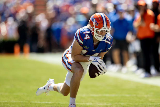 October 2, 2022; Gainesville, FL; Florida Gators wide receiver Trent Whittemore (14) reaches for a catch during the first half against the Eastern Washington Eagles at Ben Hill Griffin Stadium.