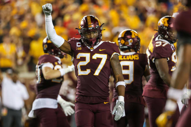 Aug 31, 2023; Minneapolis, Minnesota, USA; Minnesota Golden Gophers defensive back Tyler Nubin (27) celebrates a stop against the Nebraska Cornhuskers during the fourth quarter at Huntington Bank Stadium. Mandatory Credit: Matt Krohn-USA TODAY Sports