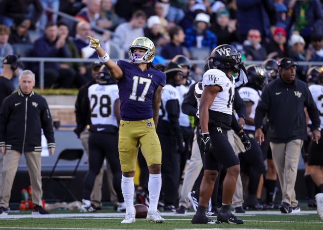 Notre Dame freshman receiver Rico Flores Jr. signals for a first down after one of his wight catches, Saturday againast Wake Forest.