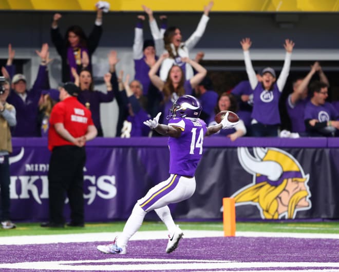 Minnesota Vikings wide receiver Stefon Diggs celebrates as he scores the game winning touchdown against the New Orleans Saints at U.S. Bank Stadium Sunday.