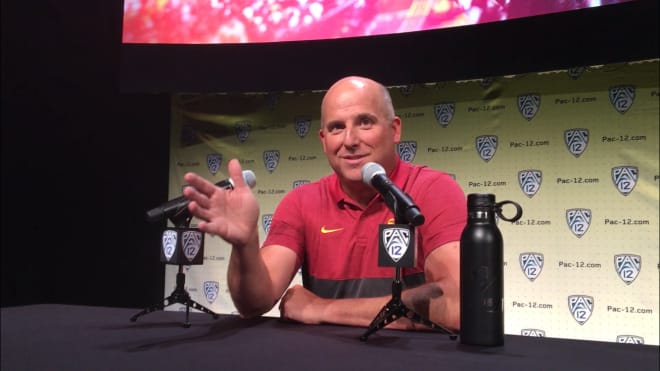 Clay Helton was upbeat and optimistic during Pac-12 Media Day on Wednesday in Hollywood.