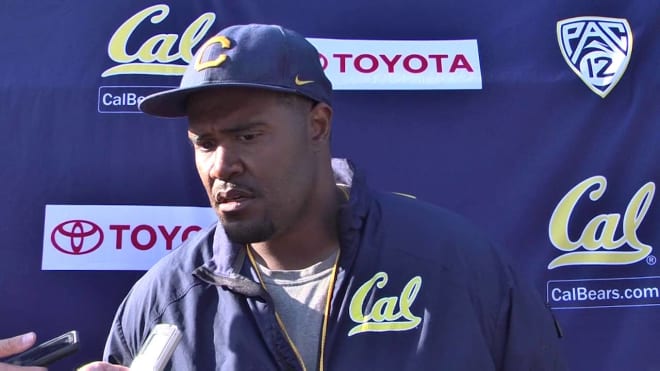 OL coach and Run Game coordinator Brandon Jones speaks with the media following a Cal football practice
