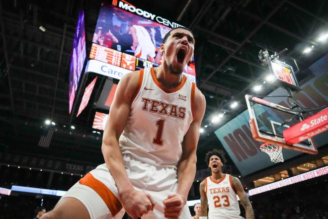 Texas' Dylan Disu celebrating in their win over Baylor