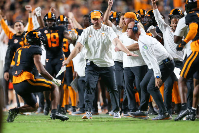 Sep 30, 2023; Knoxville, Tennessee, USA; Tennessee Volunteers head coach Josh Heupel reacts to a play against the South Carolina Gamecocks during the first half at Neyland Stadium. 