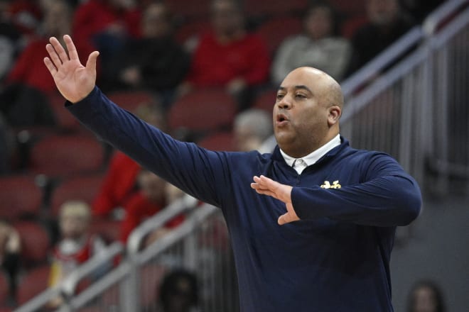Notre Dame men's basketball coach Micah Shrewsberry (pictured) saw Sean Pedulla score four points in the final minute to lead Virginia Tech to an 82-76 win over the Irish, Saturday in Blacksburg, Va.