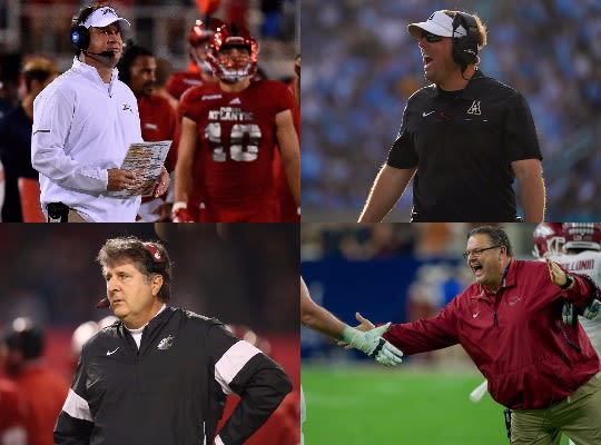 The four new SEC head coaches for 2020 are Lane Kiffin (T-L) at Ole Miss, Eliah Drinkwitz (T-R) at Missouri, Mike Leach (B-L) at Mississippi State and Sam Pittman (B-R) at Arkansas.