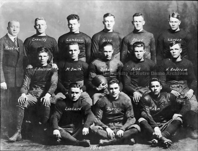 Knute Rockne's debut season in 1918 included the likes of Curly Lambeau and George Gipp in the back row.