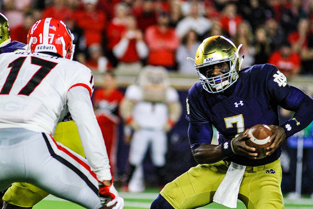 Brandon Wimbush (16 carries, one yard) and the Irish, who rushed for a paltry 55 yards, had no where to run against Georgia.