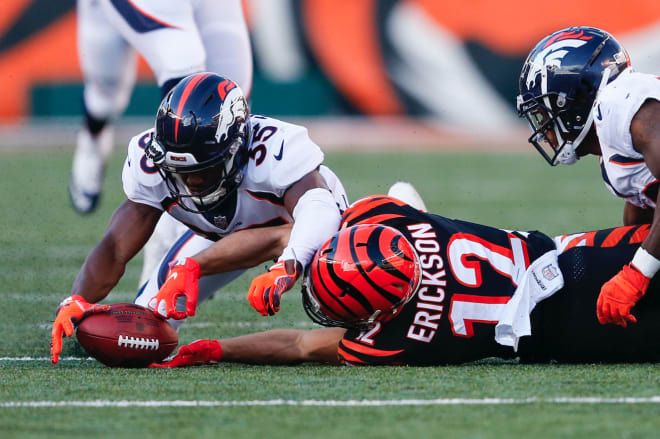 Dymonte Thomas recovered a Bengal fumble in the third quarter of Denver's 24-10 win.