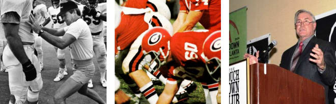 After an all-conference career at Georgia during the early 1970s (center), and 39 seasons as a football coach (left) at 12 different schools, including Georgia Tech twice, MAC McWHORTER has been retired for a few years (right), whereby he stays busy as a “professional piddler,” and following and supporting Georgia football.