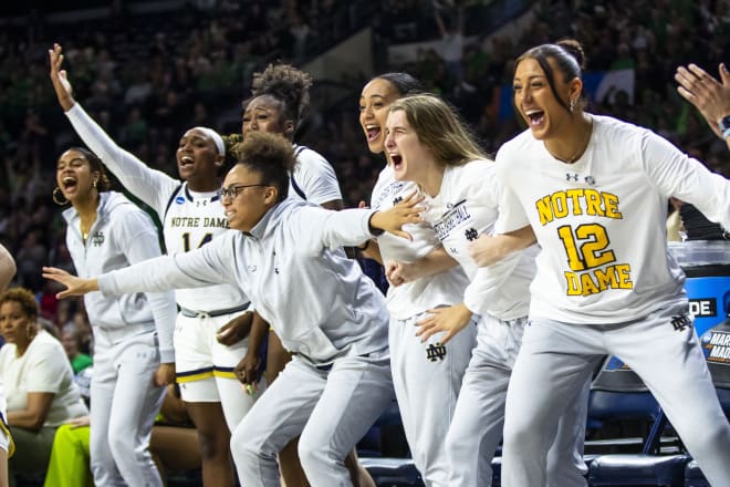 The Notre Dame bench erupts Monday at Notre Dame locked down a spot in the Sweet 16 Friday against Oregon State.