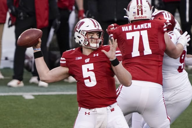 Quarterback Graham Mertz looks to pass as left tackle Cole Van Lanen blocks during UW's 14-9 loss to Indiana.